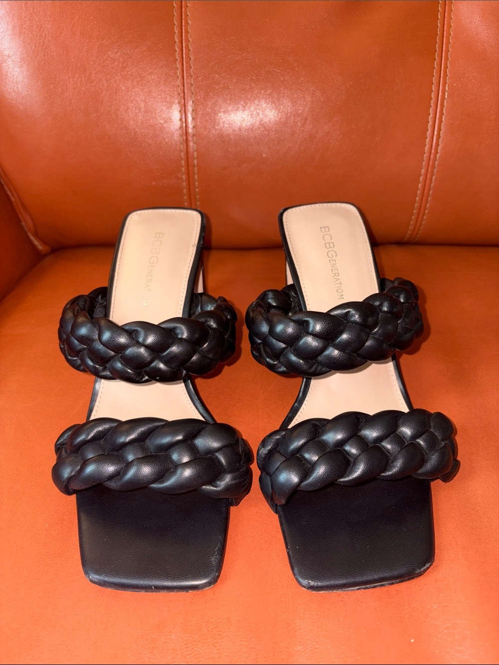 BCBGeneration Black Braided Double-Strap Slide Mules